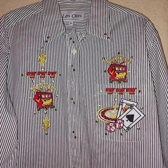 Las Olas Woman's Black Striped Gambling themed Shirt Size Medium - Picture 3 of 9